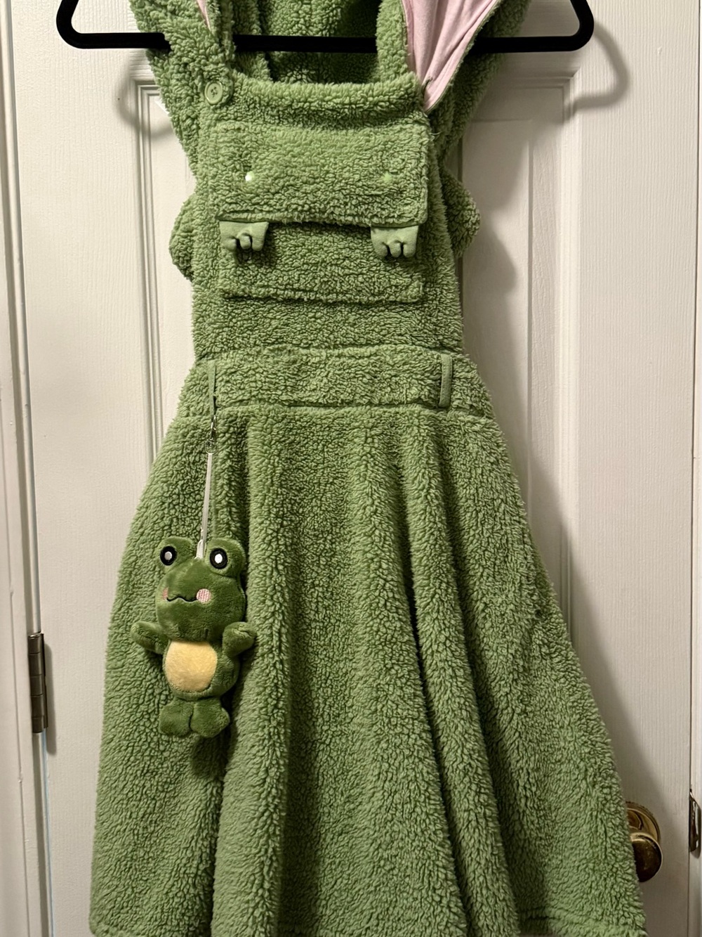 thor Plush Frog Green Pinafore Dress with Pink Lining